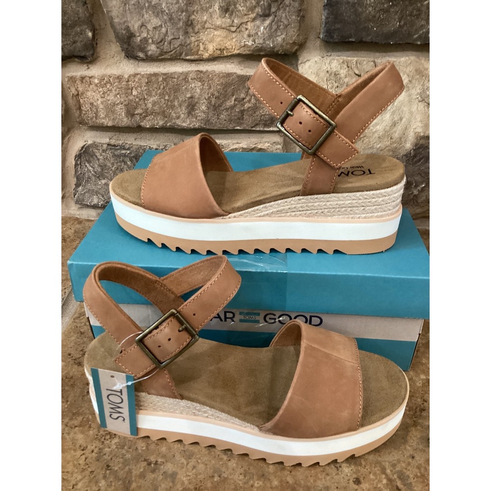 TOMS Diana Tan Leather Platform Wedge Sandals 10019757 Womens Size 7.5 New